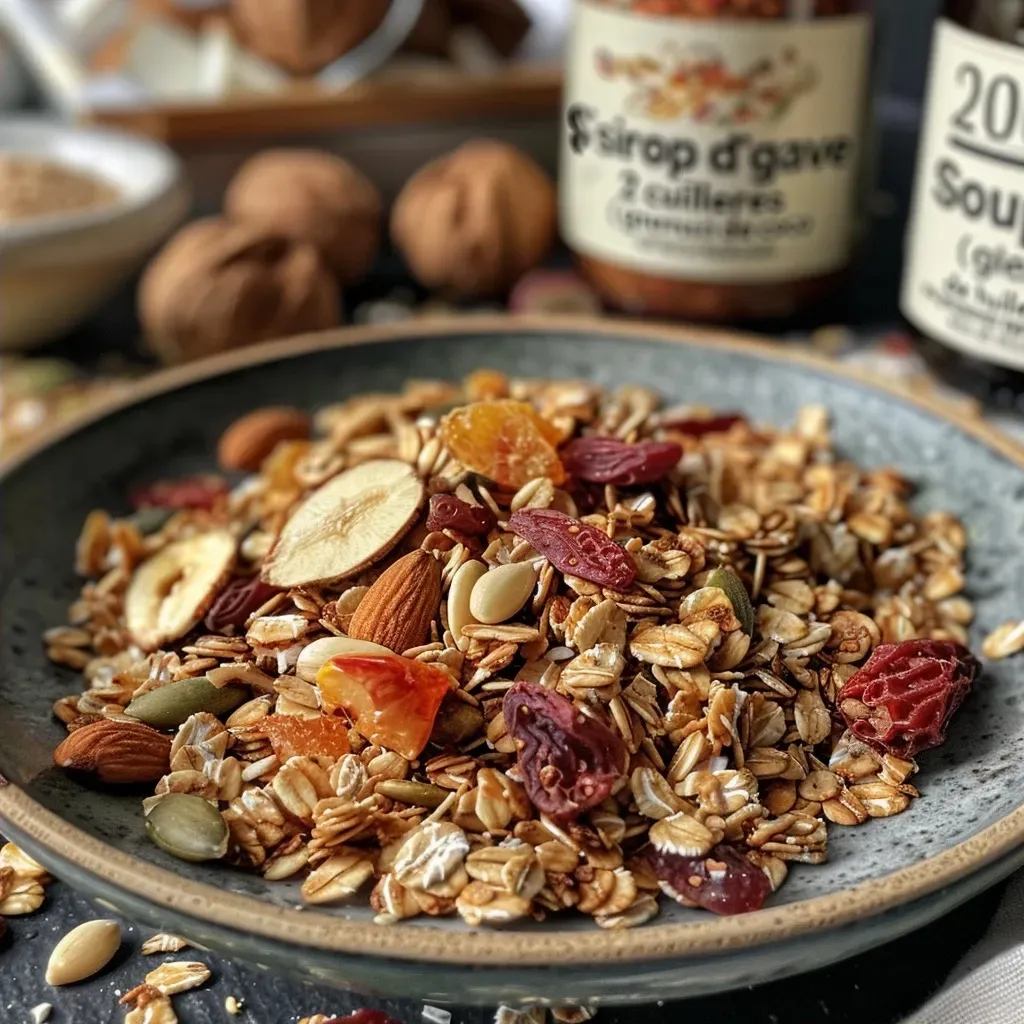 Side view photo of a bowl filled with colorful gluten-free granola.
