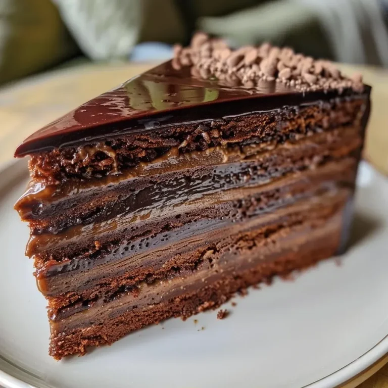 Close-up side view of a decadent chocolate layer cake with peanut butter frosting.