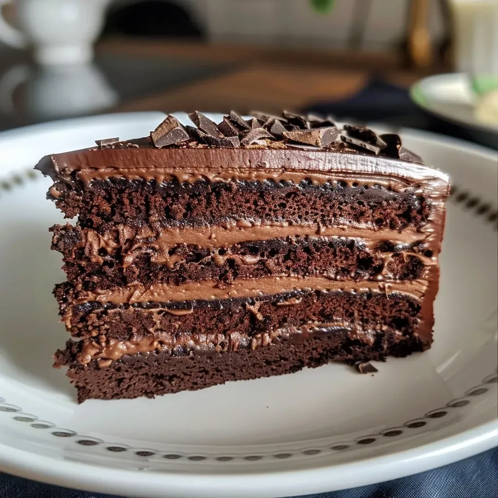Detailed image of a rich chocolate cake with creamy peanut butter icing and peanut topping.