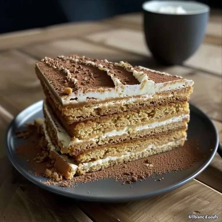 Close-up view of a layered Spéculoos cake with cream and biscuit crumbs.