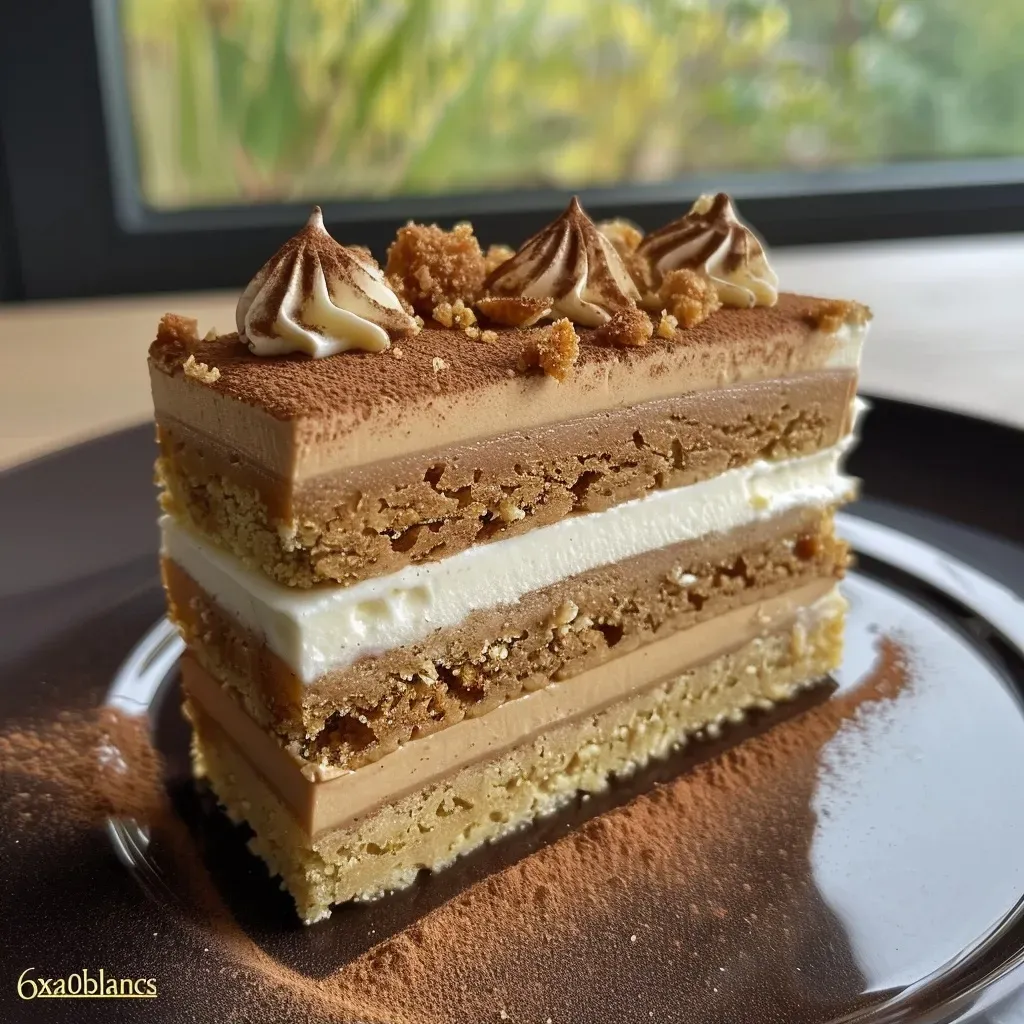 Side view of a delicious Layer Cake Spéculoos, showcasing its multiple layers and frosting.
