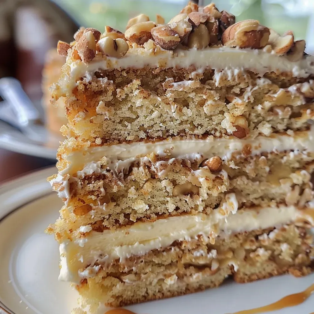 Close-up of a layered vanilla cake with pecans and caramel, showcasing its moist texture.