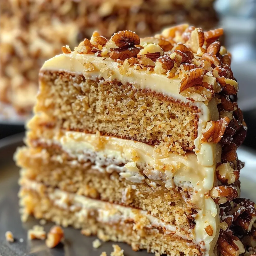 Side view of a delicious layer cake featuring vanilla, pecans, and a glossy caramel drizzle.