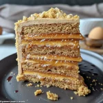 Close-up side view of a layered vanilla, pecan, and caramel cake with a glossy finish.