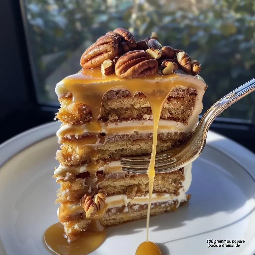 Delicious slice of vanilla pecan caramel layer cake showcasing its moist layers and toppings.