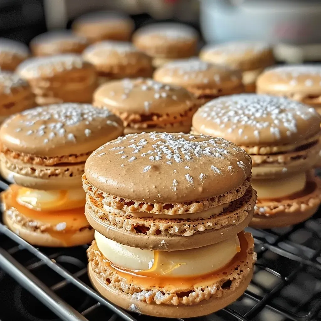 Side view of colorful air fryer macarons stacked on a plate.