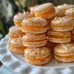 Three colorful no-bake clementine and clove macaroons stacked on a plate.