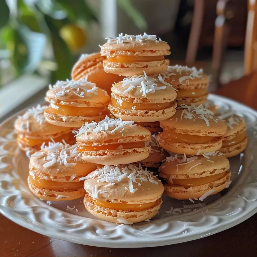 Close-up view of a clementine macaroon showing texture and toppings.