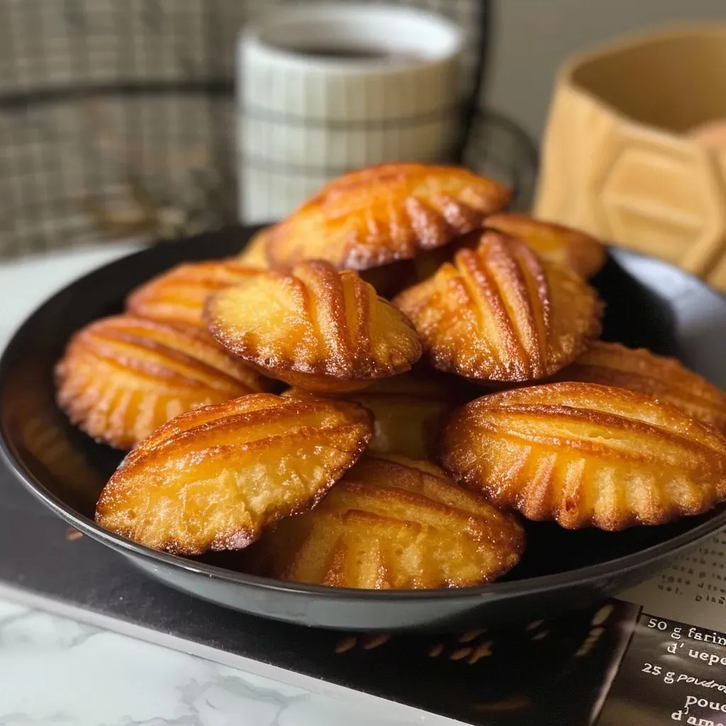 Side view of golden madeleines resting on a plate, showcasing their texture.