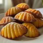 ['A close-up view of golden brown madeleines au potiron arranged on a plate.', 'Juicy madeleines au pumpkin, side view, showcasing their texture and color.', 'A detailed capture of soft, fluffy madeleines au potiron, highlighting their moistness.', 'A delightful assortment of madeleines au pumpkin, featuring a rich orange hue.']