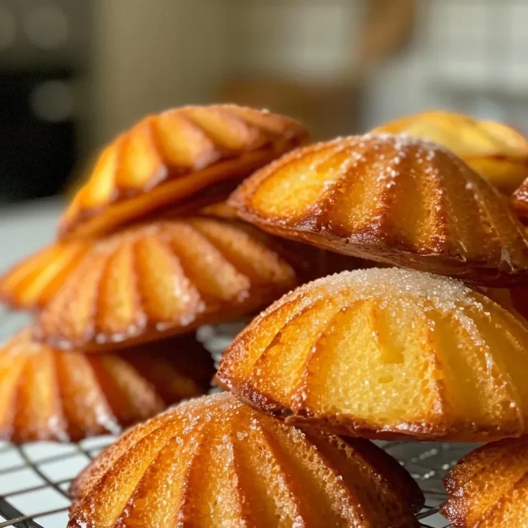 Close-up of a golden brown madeleine au potiron with a smooth texture.