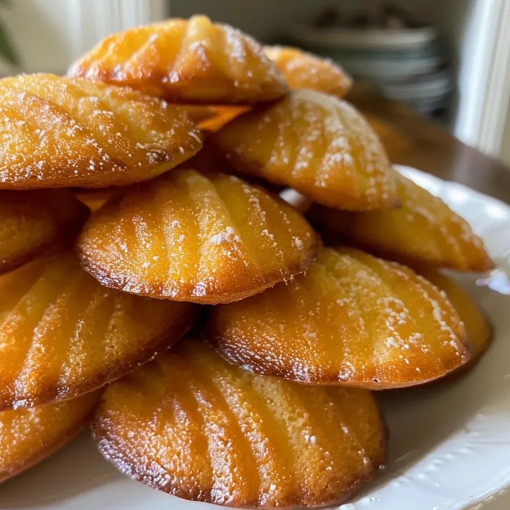 ['Close-up view of golden madeleines au potiron on a wooden table.', 'Side view of moist, pumpkin-flavored madeleines arranged neatly.', 'Deliciously baked madeleines au potiron with a soft texture showcased.', 'Close-up of freshly baked madeleines with a hint of pumpkin color.']