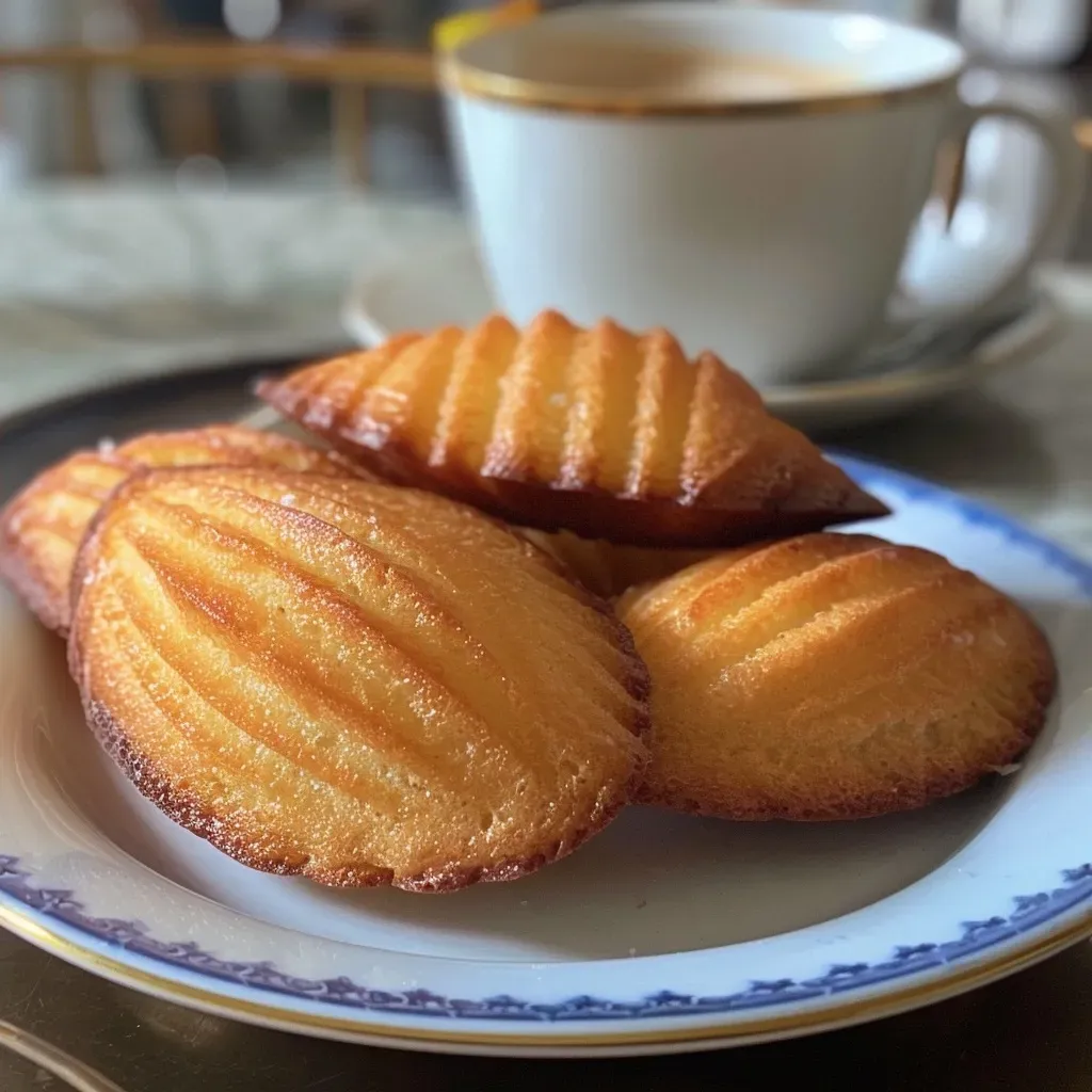 ['A close-up side view of golden, fluffy Madeleines légères on a plate, showcasing their texture.', 'Juicy, light Madeleines arranged neatly, highlighting their inviting shape and color.', 'A detailed view of delicious Madeleines légères, emphasizing their soft, airy appearance.', 'A side view of freshly baked Madeleines légères, with a focus on their golden crust and soft interior.']
