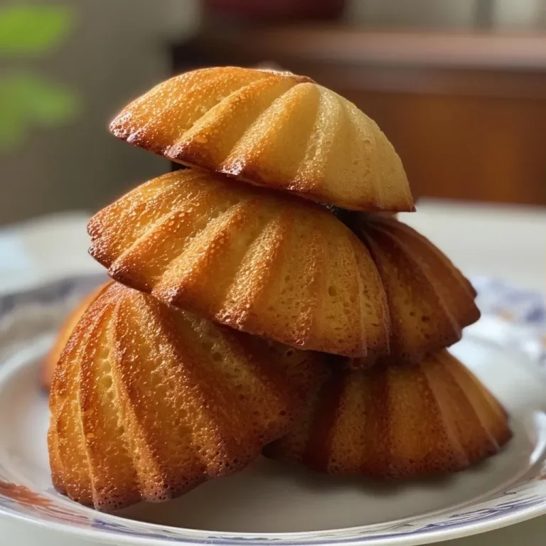 Golden-brown madeleines stacked on a plate, showcasing their shell shape.