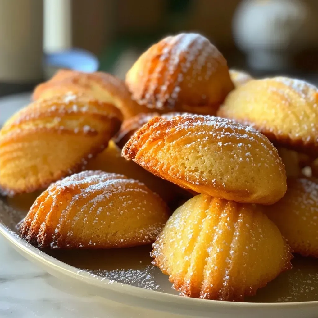 Close-up of freshly baked madeleines with a glossy surface and lemon zest on top.