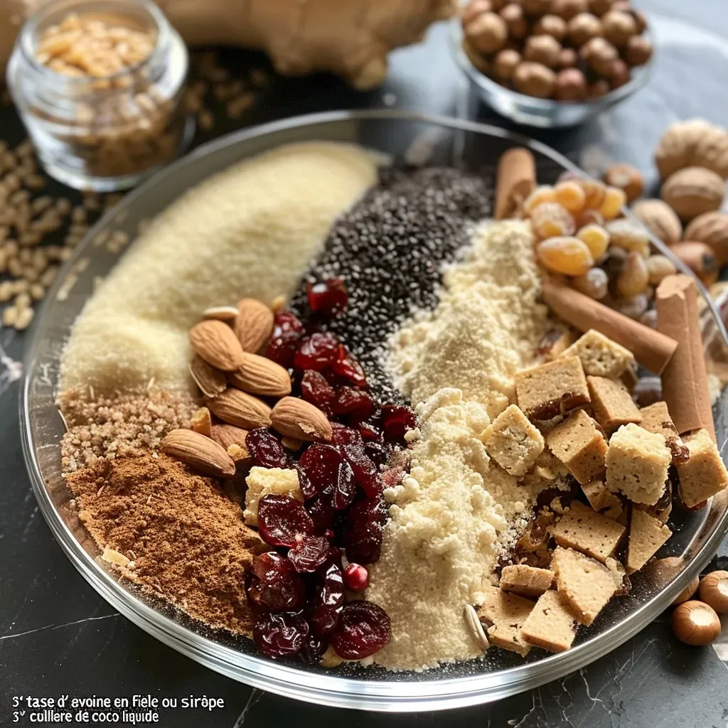 Close-up of a bowl filled with Mélange Croustillant Épicé, showing oats and mixed nuts.