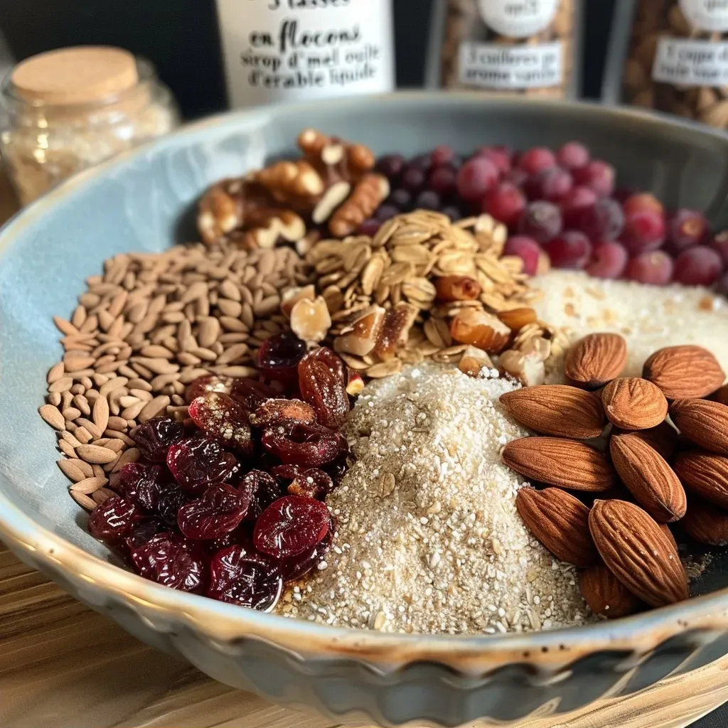 Side view of a richly textured granola blend featuring oats, nuts, and dried fruits.