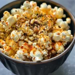 Close-up view of a bowl filled with spiced popcorn mix featuring walnuts.