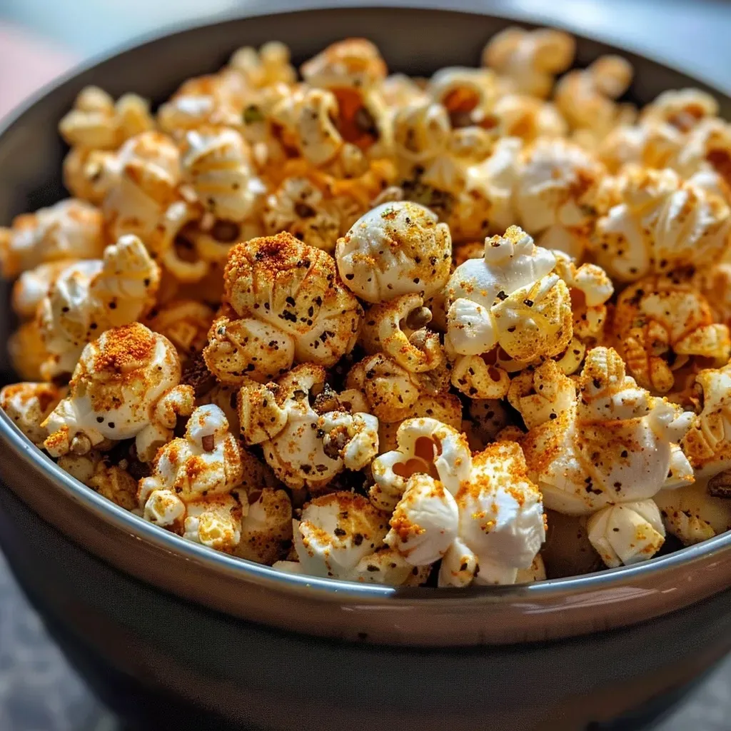 Side view of colorful spiced popcorn with a blend of herbs and nuts.