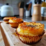 Close-up side view of mini cakes featuring pumpkin and blue cheese.