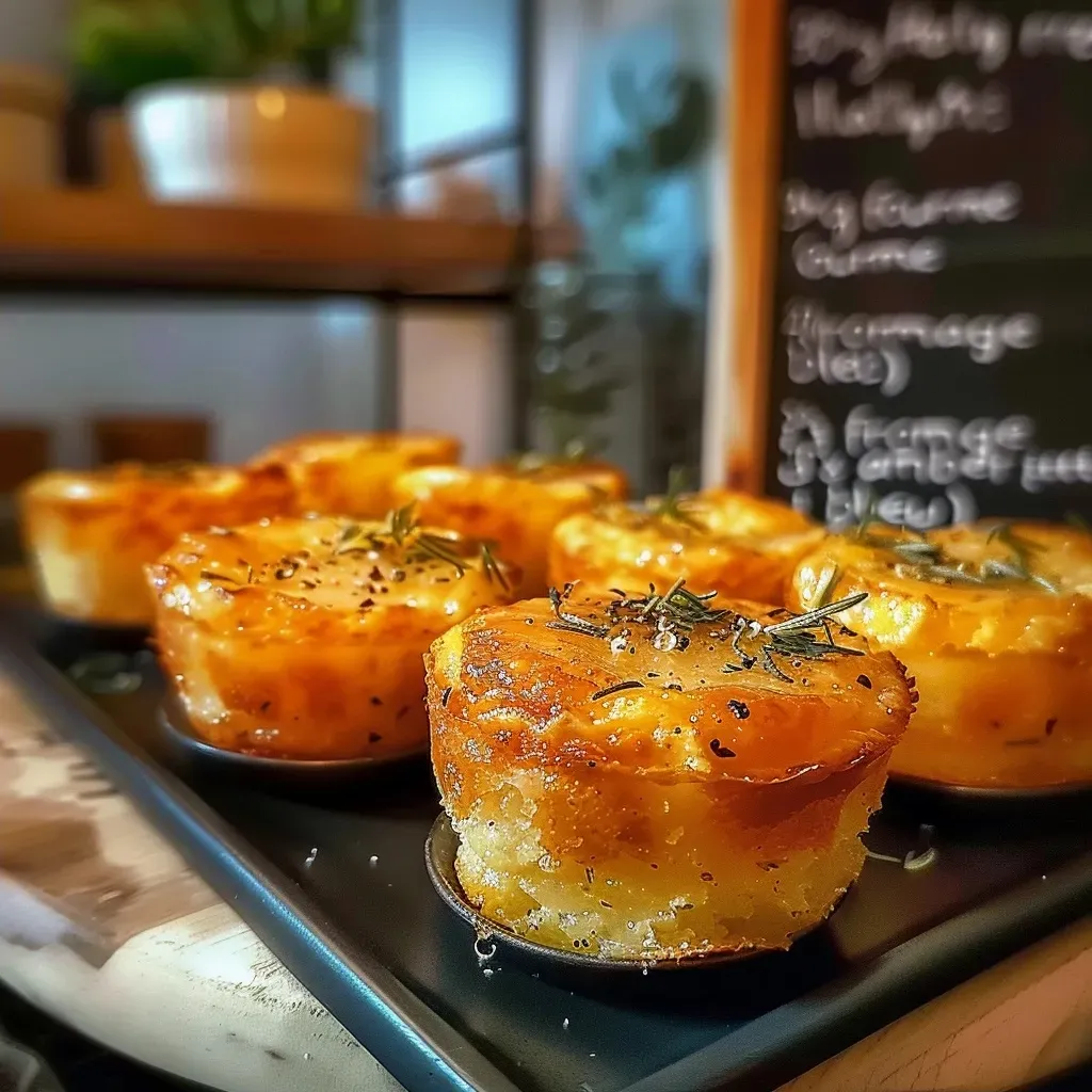 Side view of small, round cakes showcasing a rich pumpkin color and a hint of blue cheese topping.