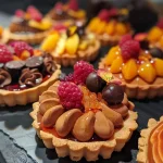 A side view of mini tartelettes filled with golden caramel and topped with colorful chocolate pearls.