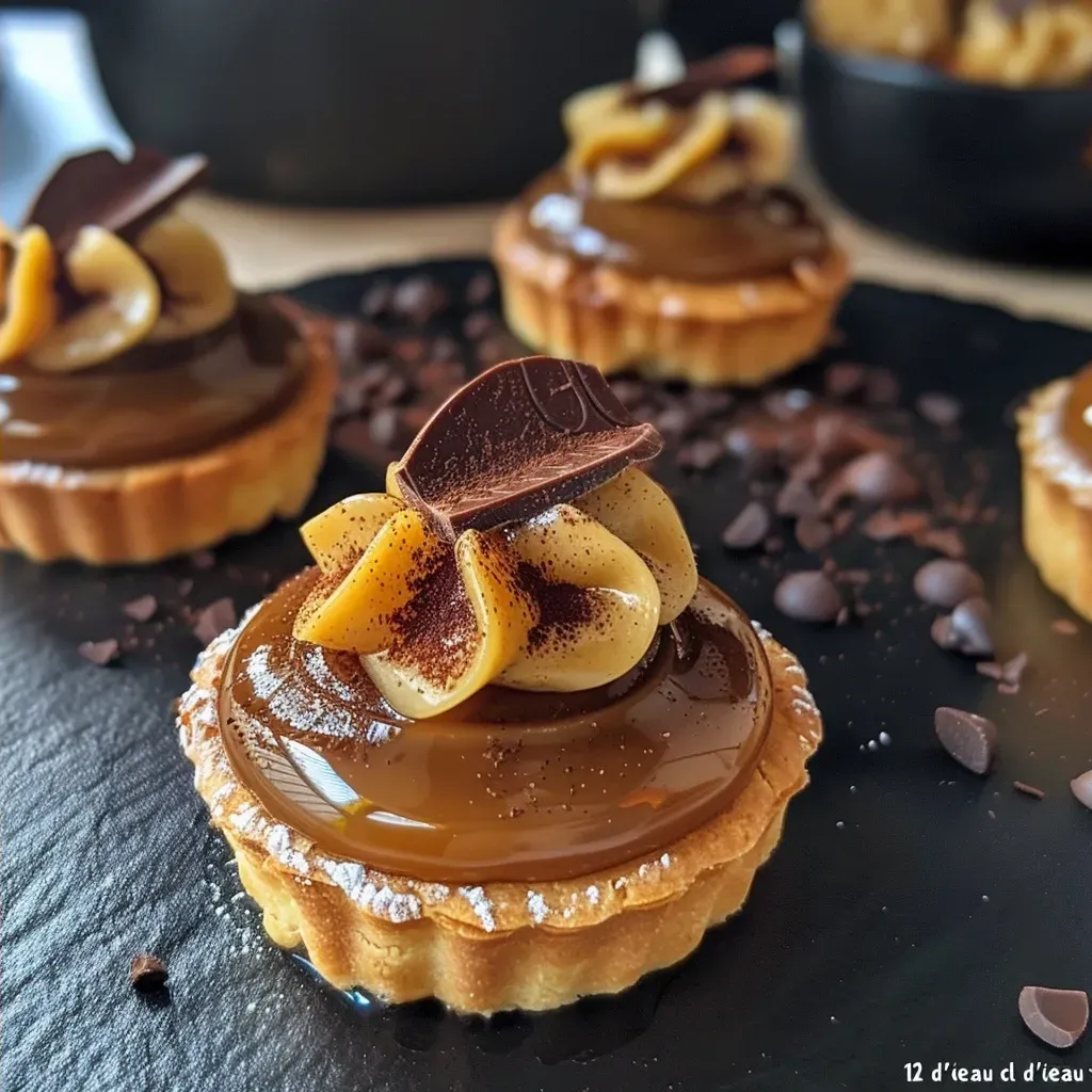 Close-up of a mini caramel tartlet, showcasing its rich filling and vibrant chocolate decorations.
