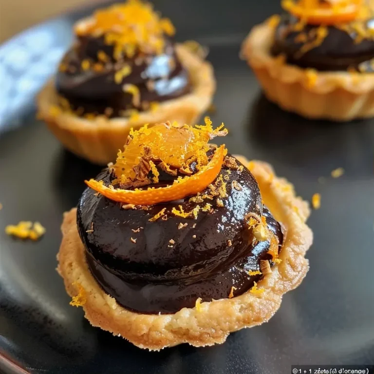 Close-up view of mini chocolate and orange tartlets with a glossy finish.