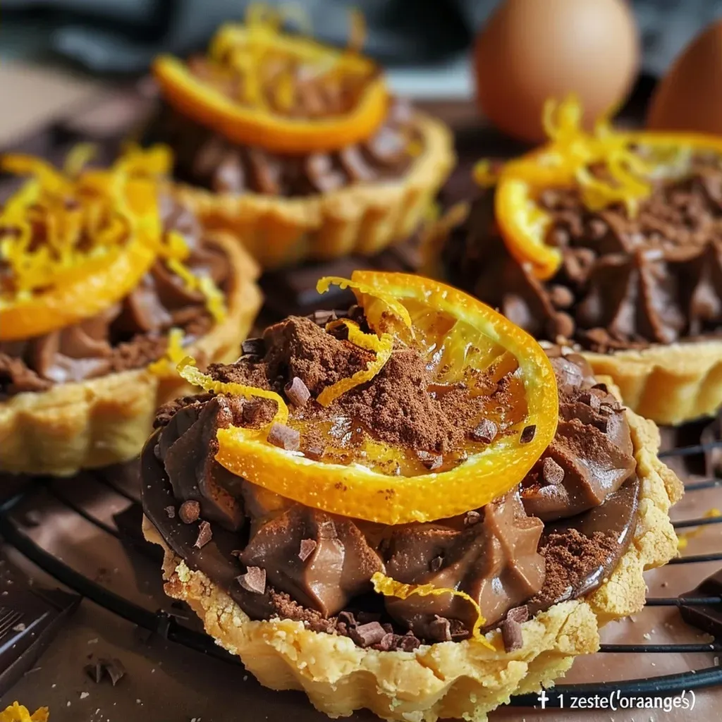 Side view of small chocolate-orange tartlets, showcasing rich chocolate and orange zest.