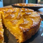['Side view of a moist apple cake with a golden crust.', 'Close-up of a delicious apple moelleux with sliced apples on top.', 'Appetizing apple cake showcasing its fluffy texture and rich color.', 'Tasty looking moelleux aux pommes, highlighting its soft, inviting layers.']