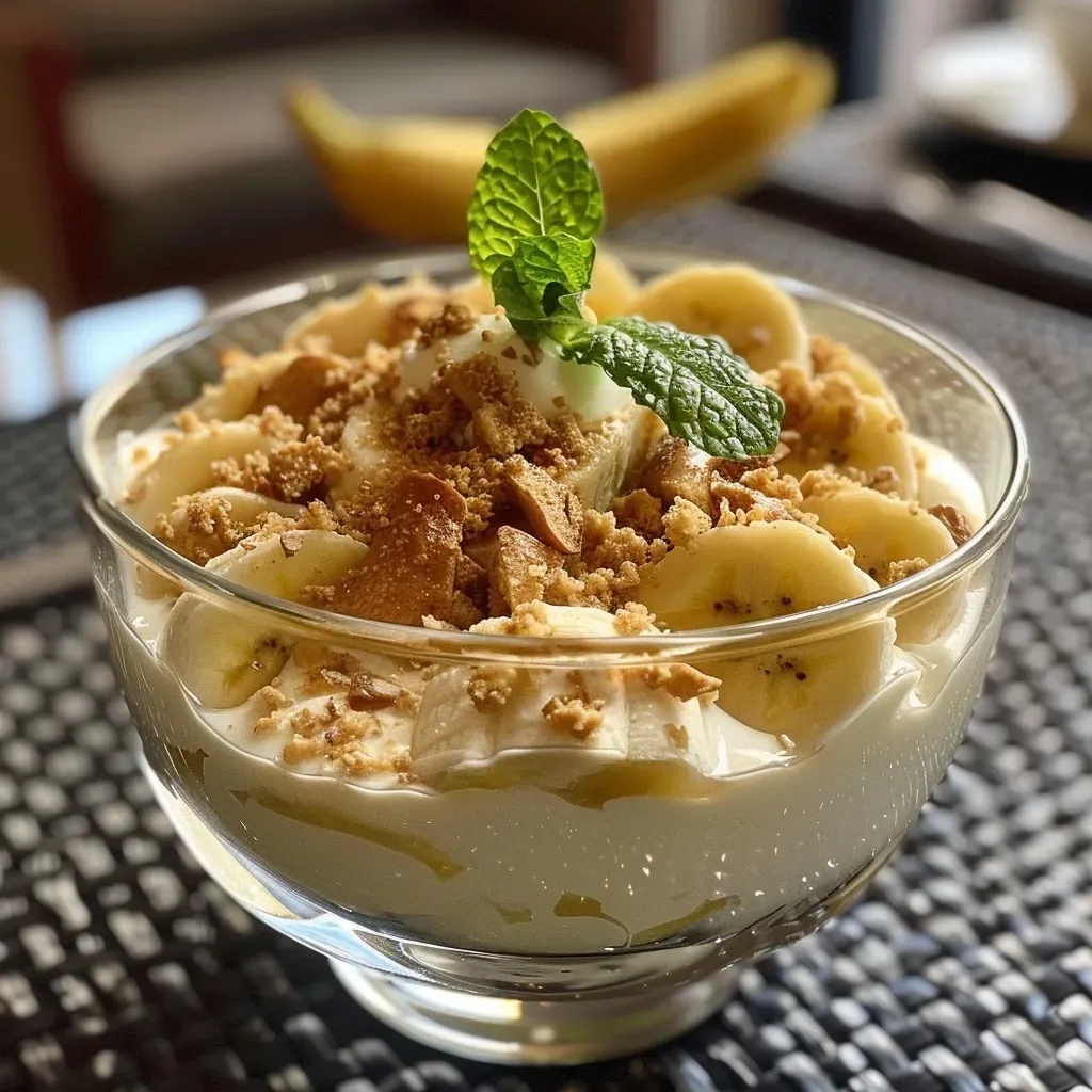 Side view of a creamy banana mousse served in a glass, garnished with mint leaves.
