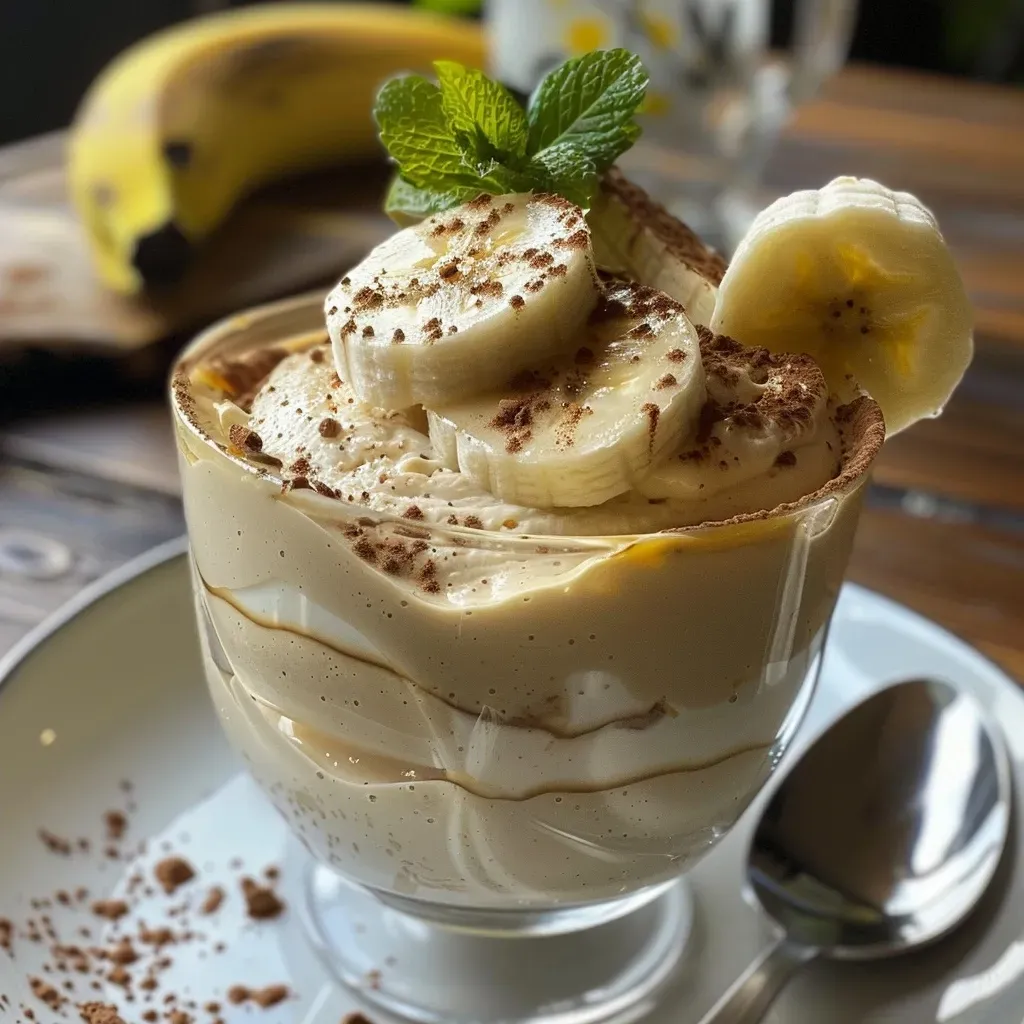 Close-up of a rich banana mousse dessert showcasing its smooth texture and vibrant color.