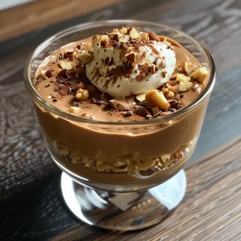 A side view of a creamy brown mousse dessert in a glass, topped with whipped cream.