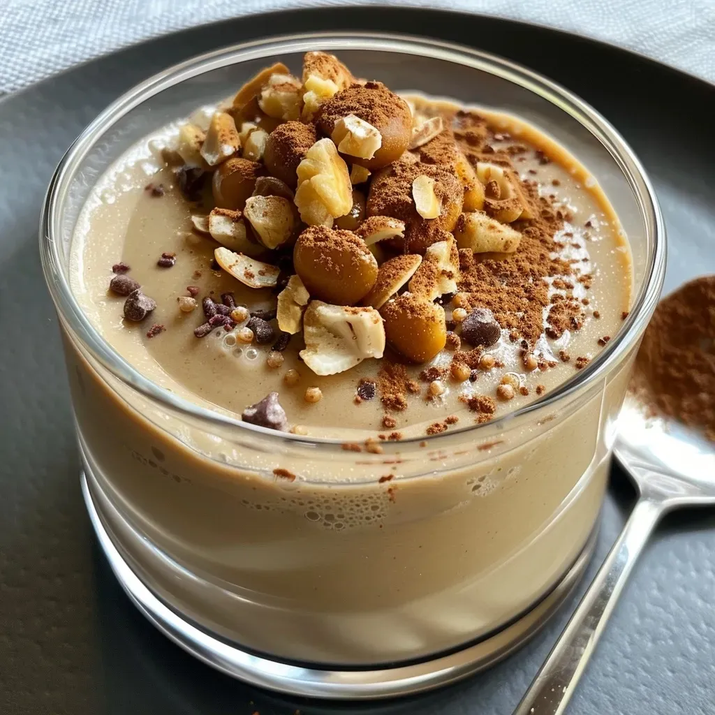 Close-up of a luscious mousse à la crème de marrons served in a transparent dish.