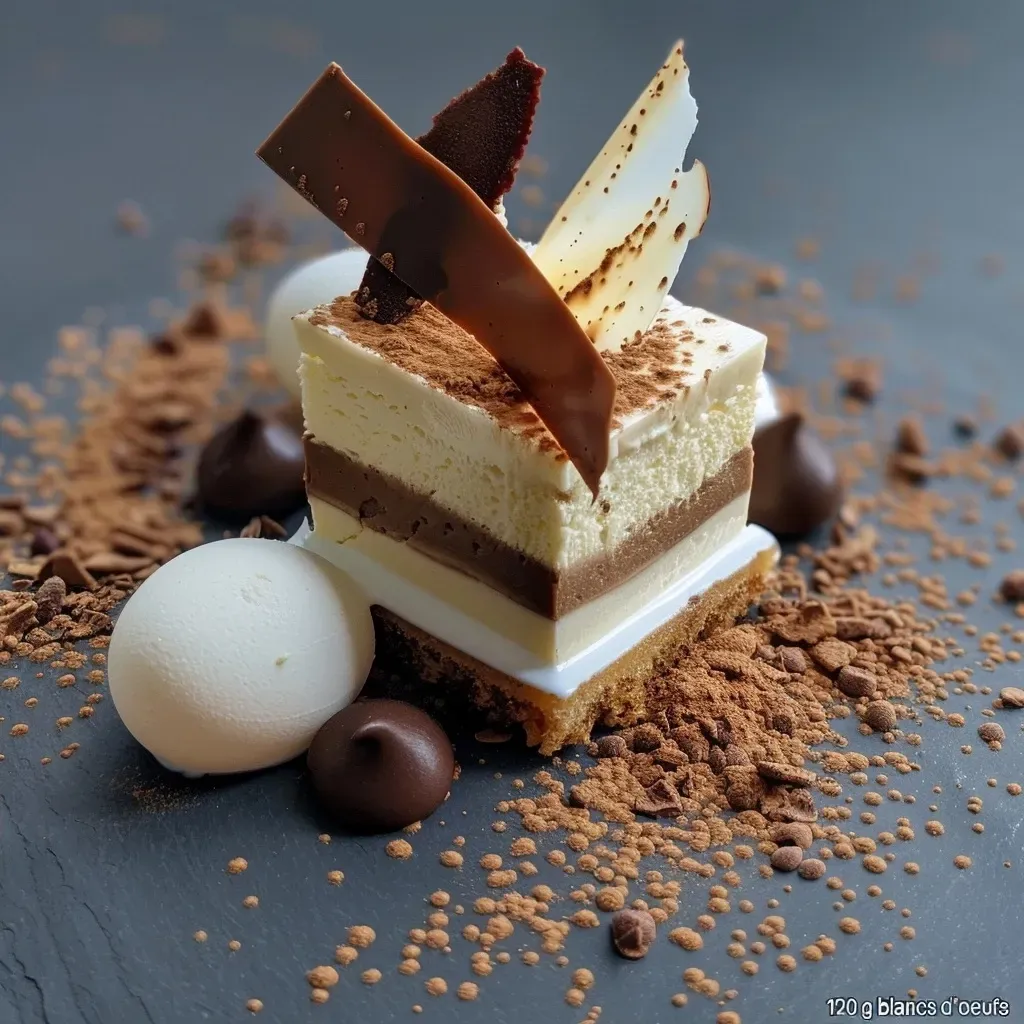Side view of a luscious mousse au chocolat blanc topped with a swirl of cream.
