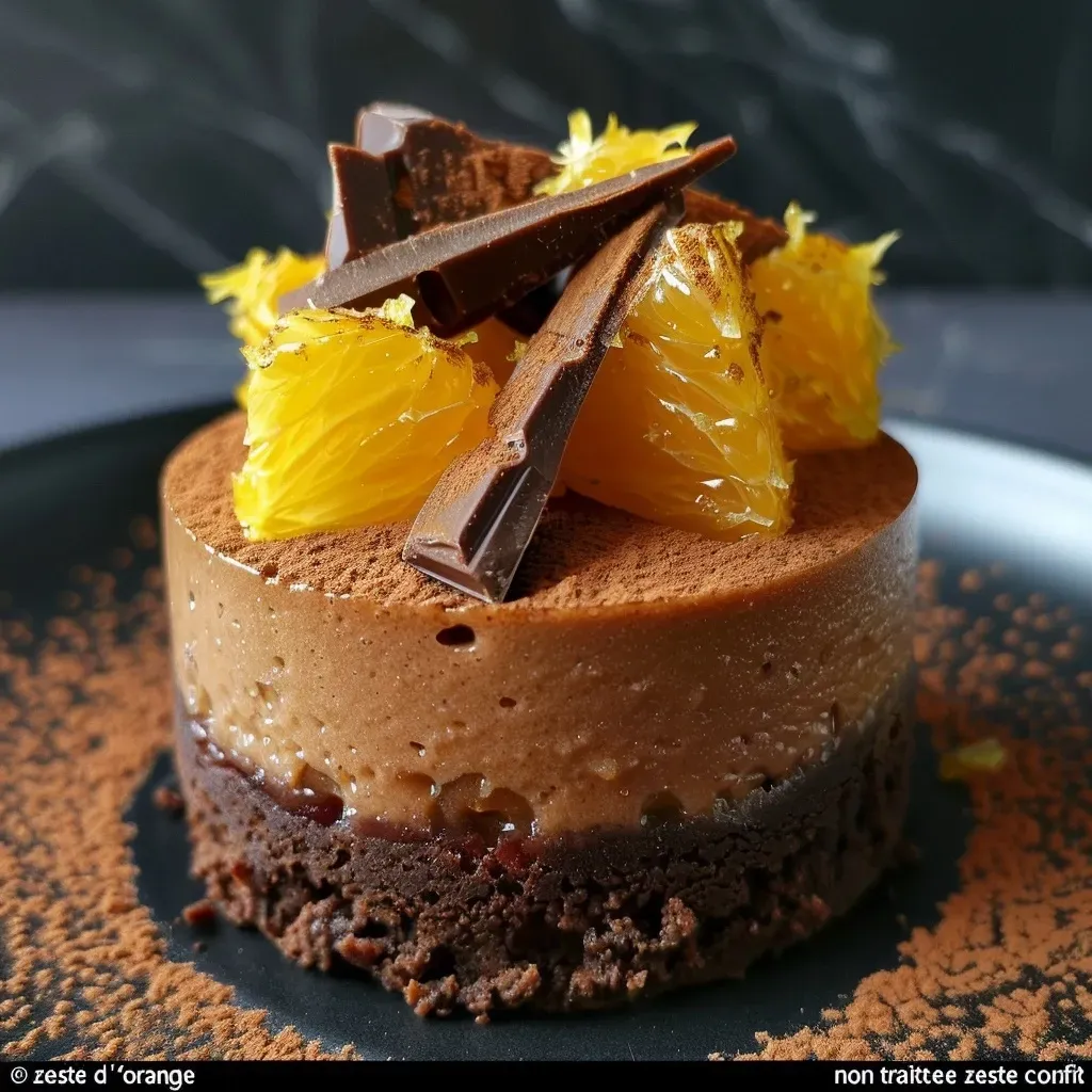 ['Close-up view of a rich chocolate mousse topped with orange zest.', 'Side view of a decadent chocolate mousse enhanced with orange flavor.', 'Creamy chocolate mousse garnished with bright orange zest and confit.', 'Luxurious chocolate mousse served in a glass, featuring an orange zest topping.']