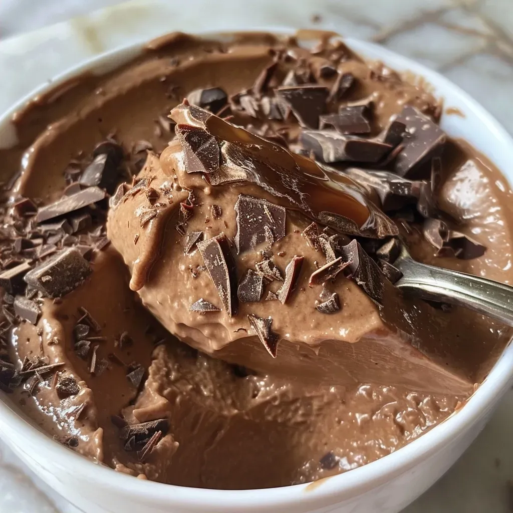 Side view of a healthy chocolate mousse topped with cocoa powder.