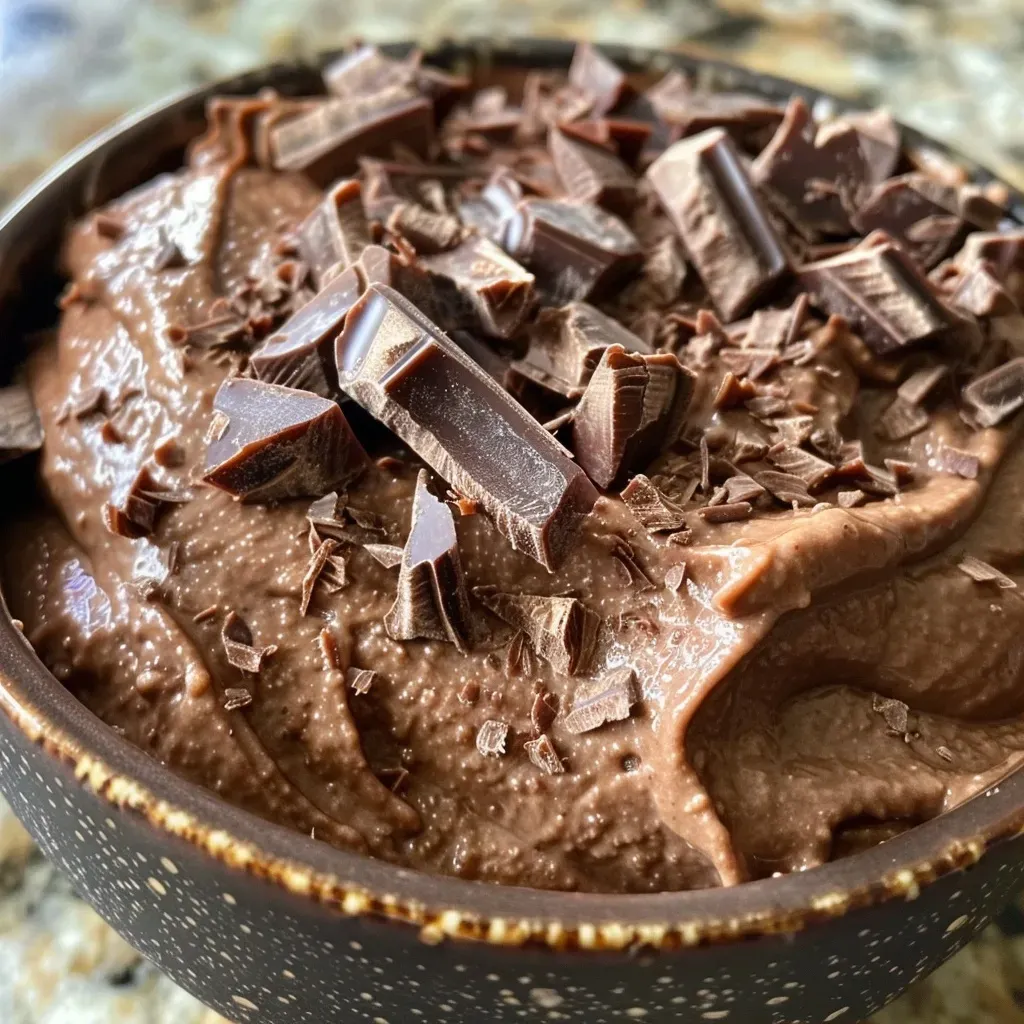 A close-up side view of a creamy chocolate mousse in a glass bowl.