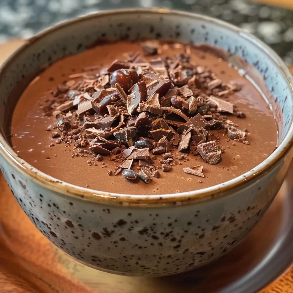 Thick, rich chocolate mousse with a velvety texture, topped with cocoa powder.