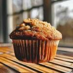 Close-up of a freshly baked muffin with figs and almonds, showcasing its texture and ingredients.