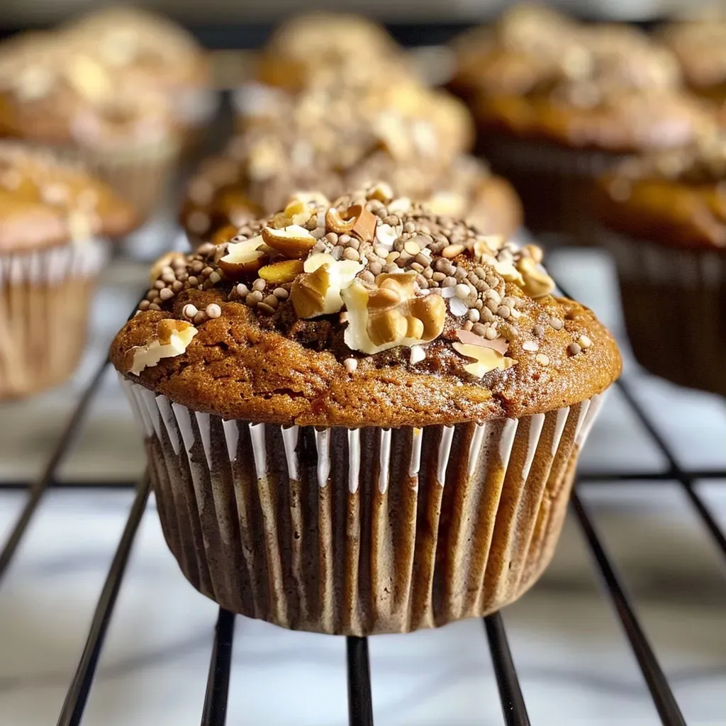 Close-up view of a moist muffin au potimarron with chocolate chips and pumpkin seeds.