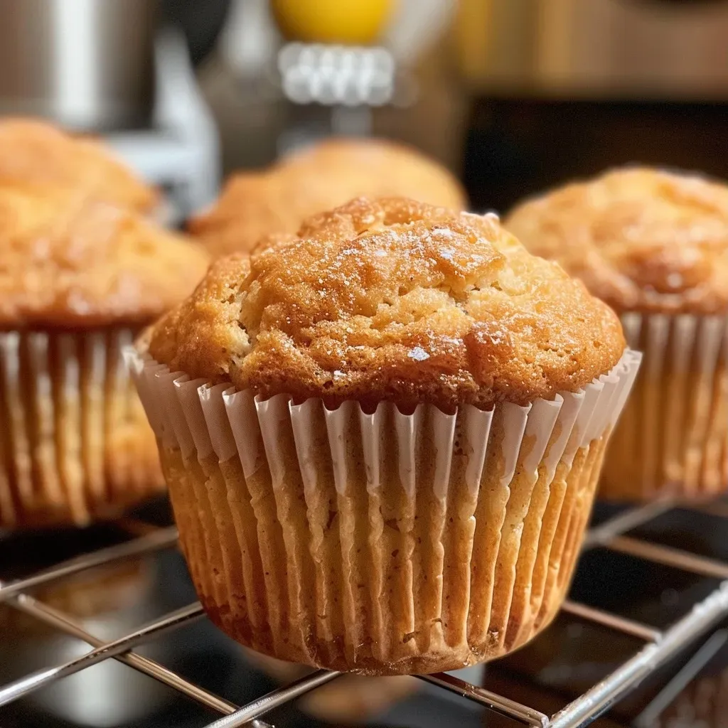 Close-up view of golden muffins with maple syrup glaze on a rustic wooden table.