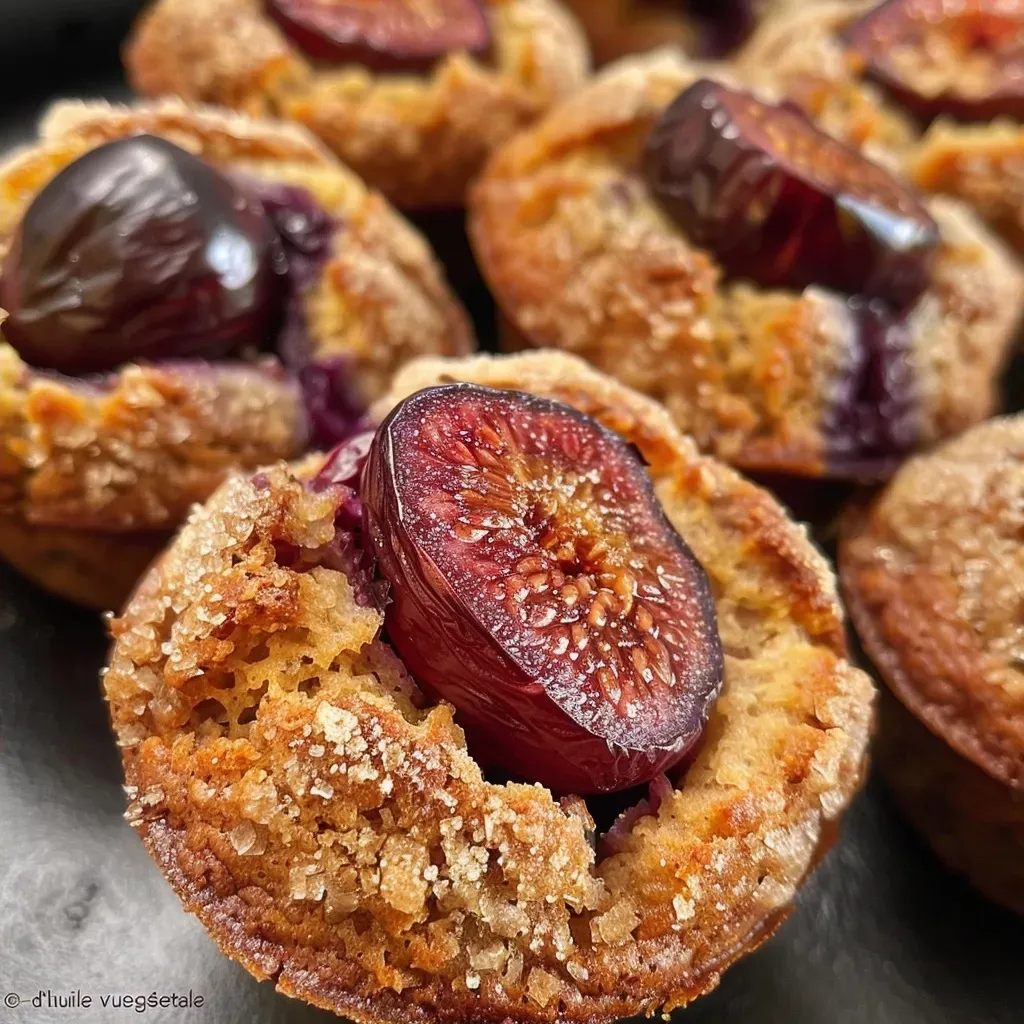 Side view of moist muffins with chunks of figs, sitting on a wooden table.