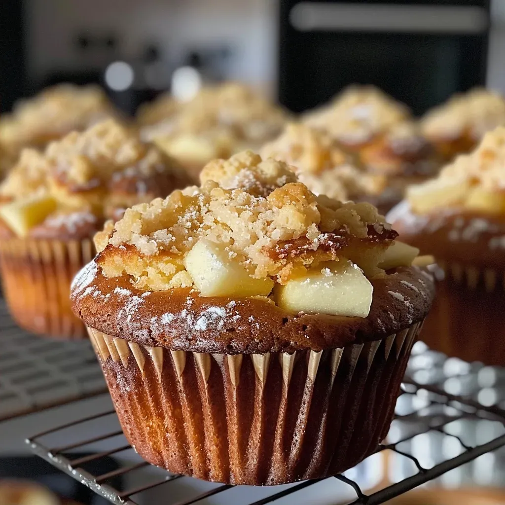 Side view of golden-brown muffins with apple chunks and a sprinkle of cinnamon.