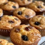 Close-up of muffins with raisins and a golden-brown crust.