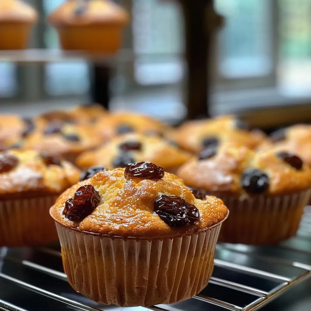 Side view of moist muffins filled with plump raisins.