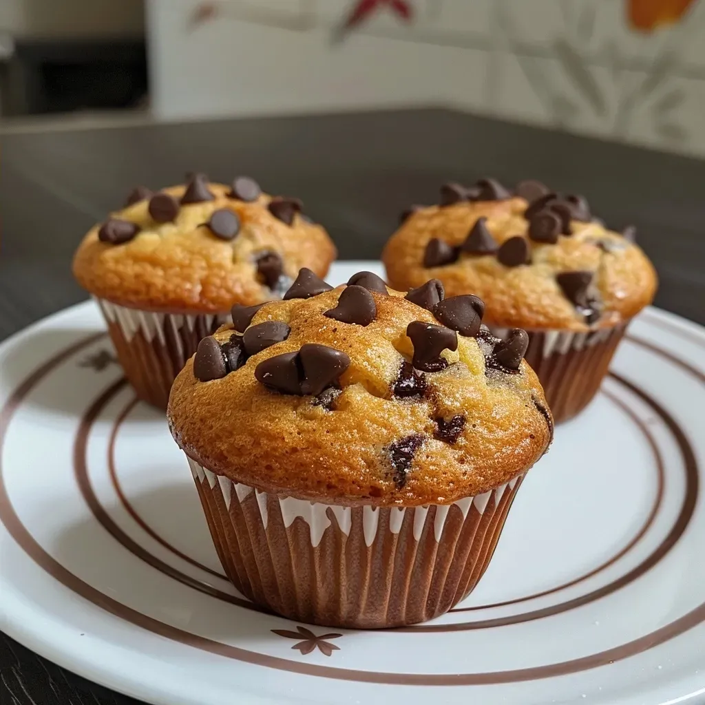 ['Deliciously baked peanut butter chocolate chip muffins in a close-up view.', 'Side view of moist muffins filled with chocolate chips and peanut butter.', 'A close-up of golden-brown muffins with melting chocolate chips on top.', 'Freshly baked peanut butter muffins with chocolate chips, showing their soft texture.']