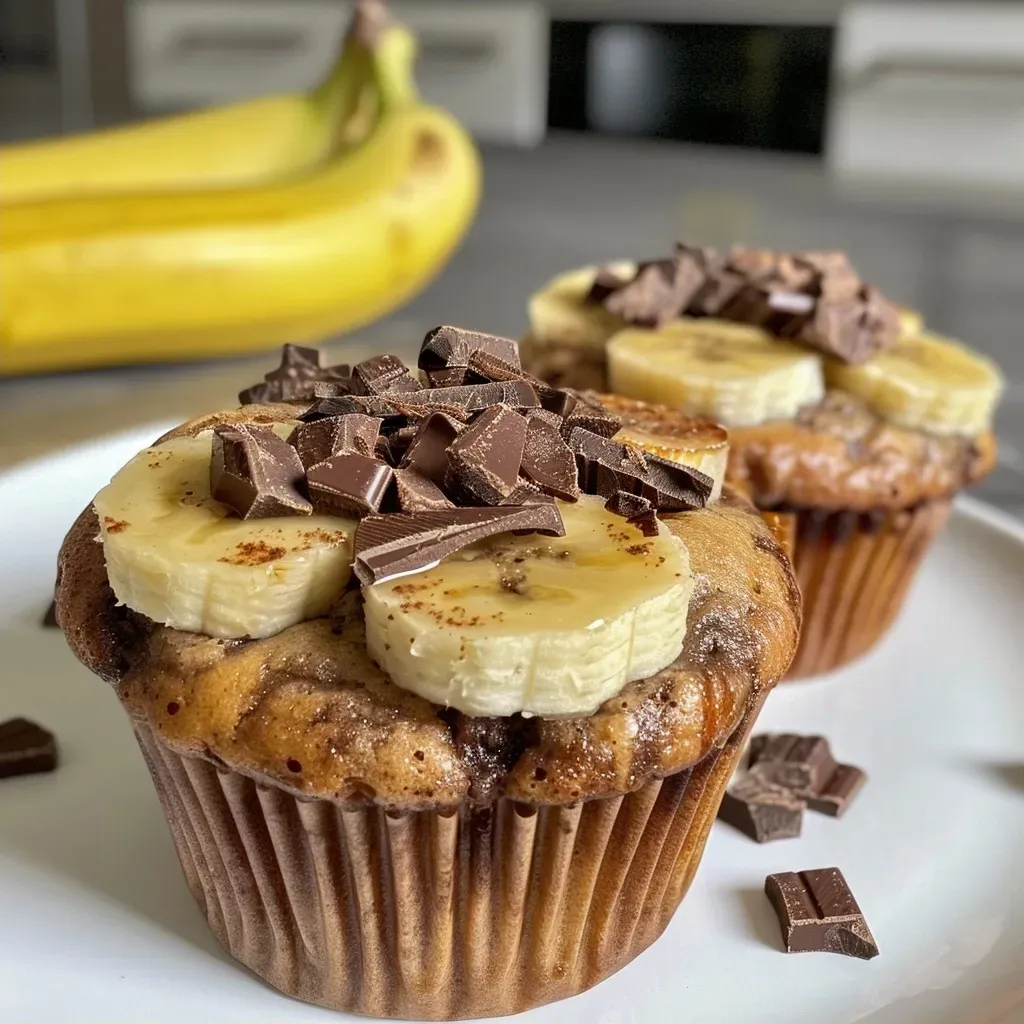 ['Close-up of a chocolate banana muffin with a moist texture.', 'Side view of a muffin featuring banana and chocolate chunks.', 'Juicy muffin topped with melted chocolate chips and banana slices.', 'Muffin showcasing a rich chocolate and peanut butter combination.']