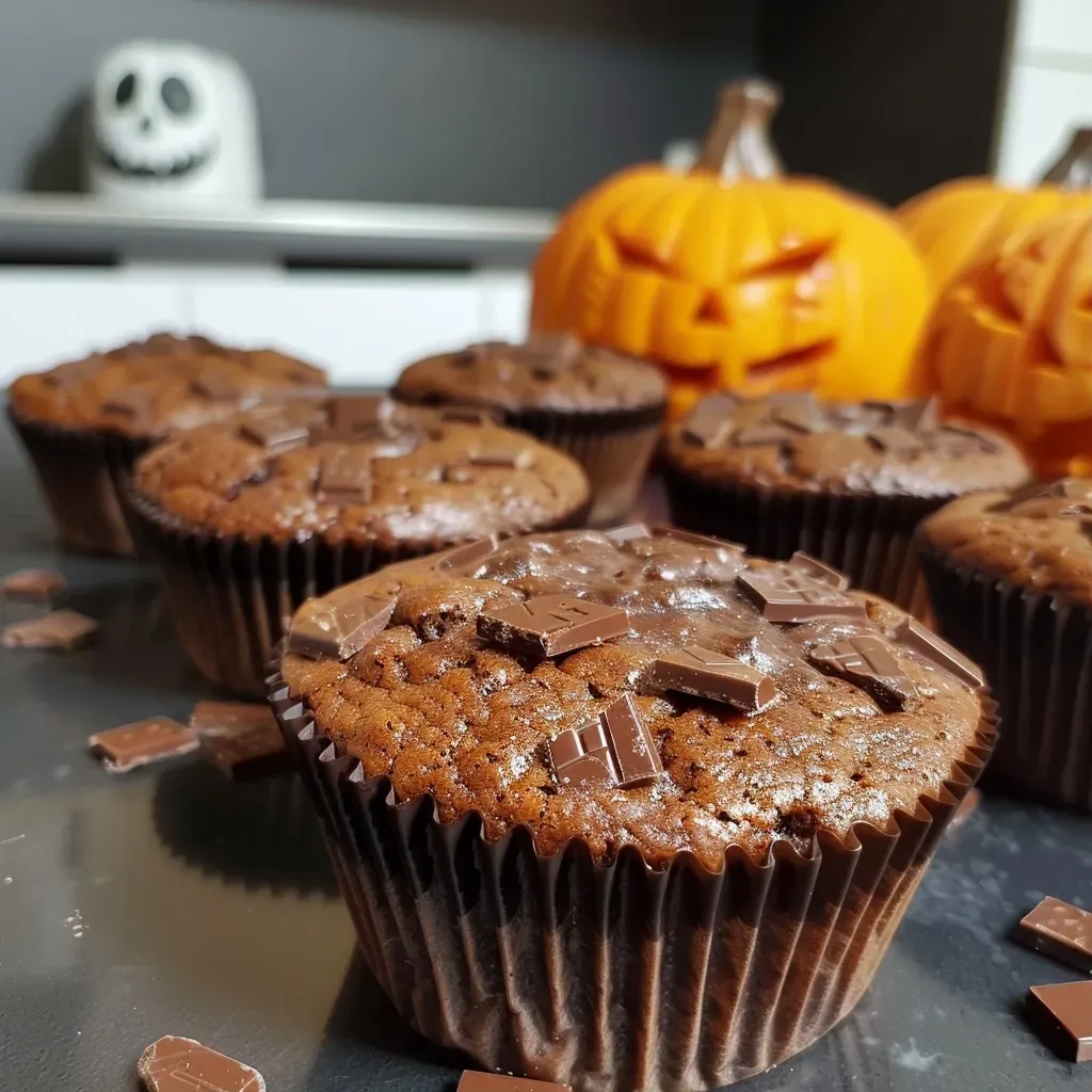 Close-up view of Halloween-themed muffins with spooky decorations.