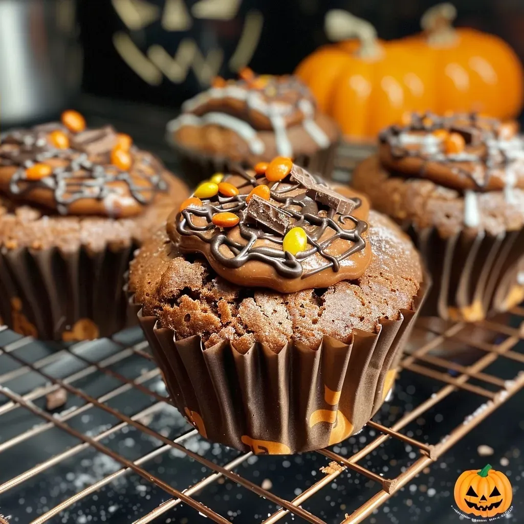Juicy muffins decorated for Halloween, showing sugar eyes and bloodied knife.